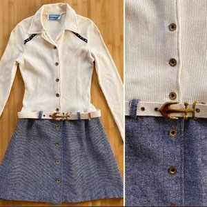 70s Vintage PAPAGUS Mod Cream and Faux Denim Blue Belted Shirt Mini Dress
